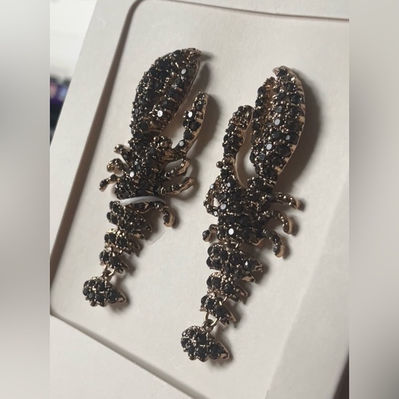 NWT Zara Rhinestone Lobster Earrings in Anthracite Gray / Black & Gold STUNNING - Picture 9 of 9